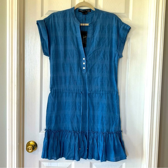 Veronica Beard Hanne Dress French Blue Plaid Mini Ruffle‎ Cotton Linen Small NEW - Picture 1 of 15